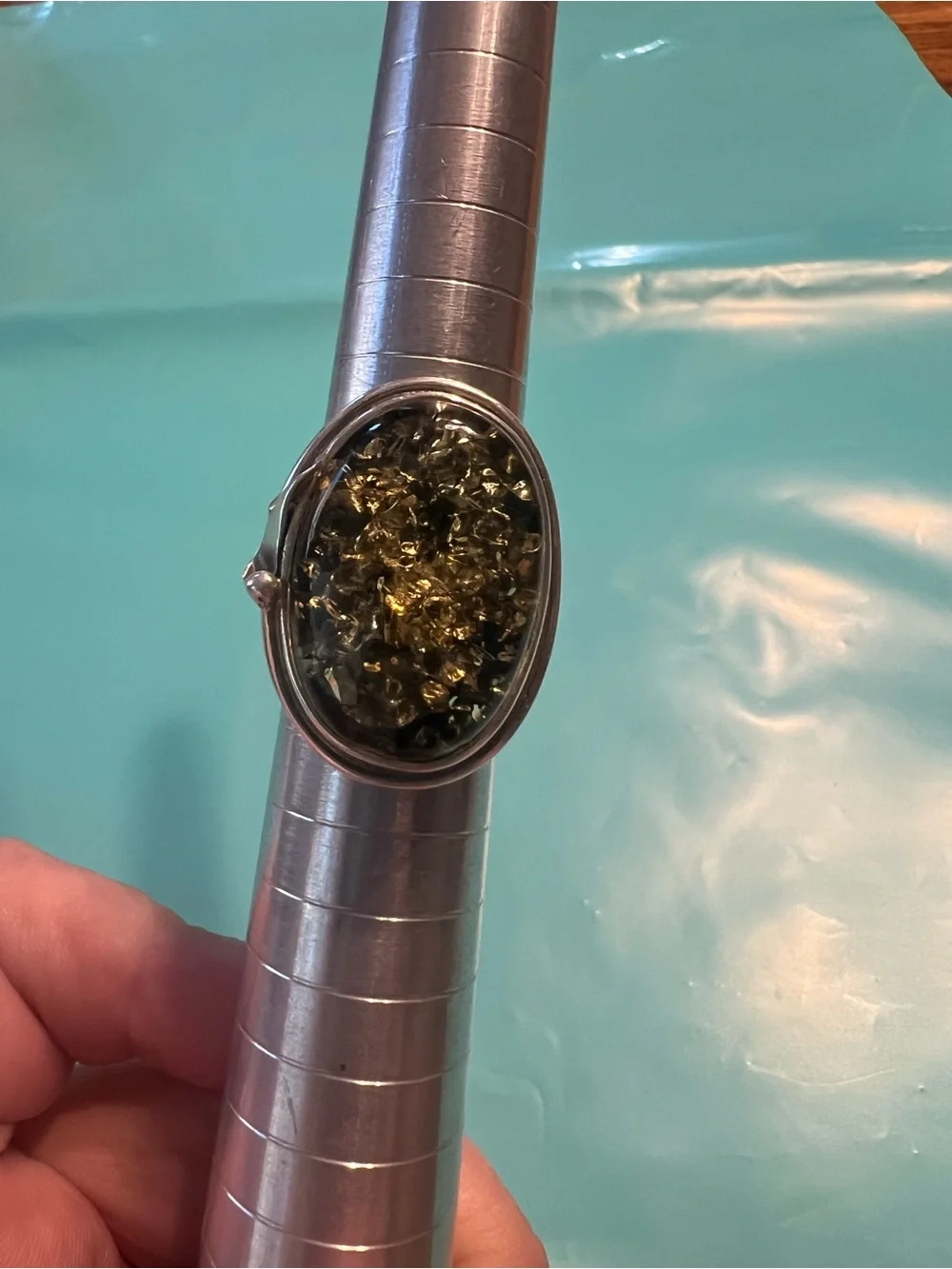 Sterling Silver Green Amber Oval Ring- adjustable